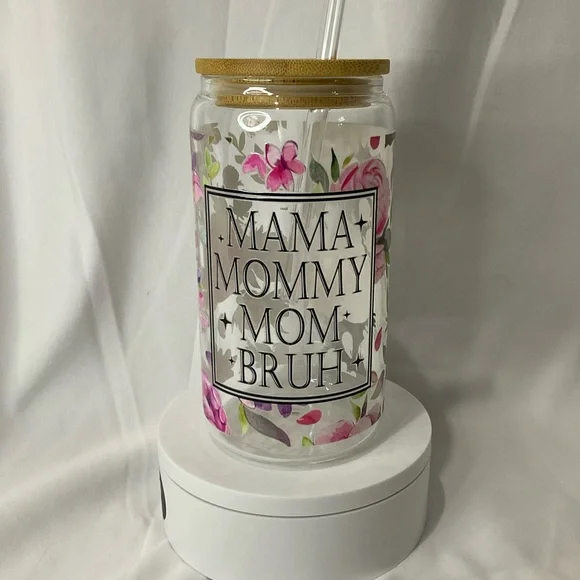 16 Ounce Handmade Clear Glass Can Cup, W/Lid & Straw, Mama Floral - Picture 1 of 13